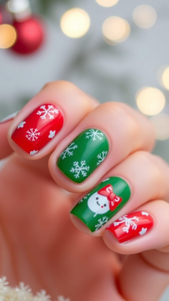 Festive Short Christmas Nails with Bow Design Short Christmas nails with red and green polish, decorated with white snowflakes and bows.